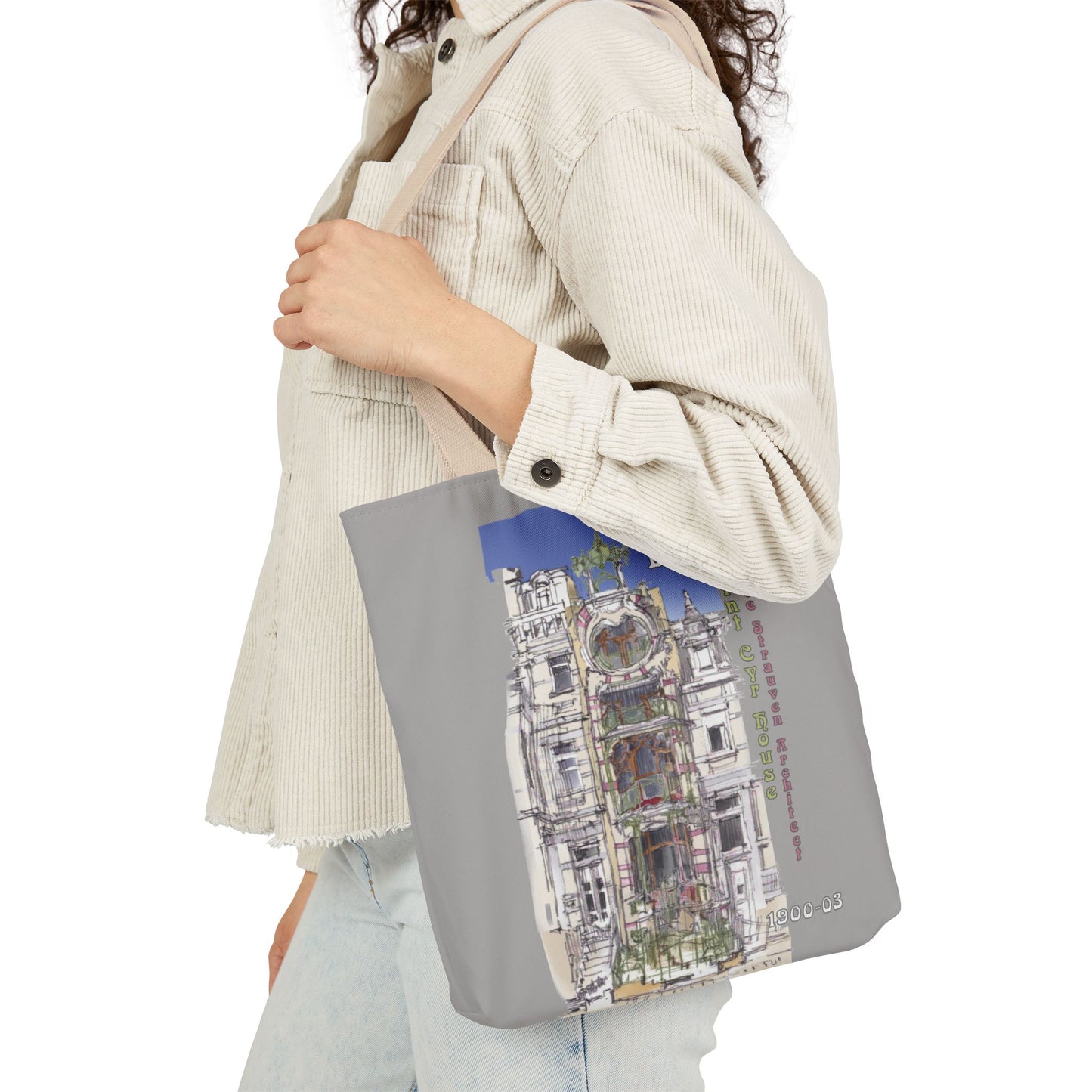 Brussel's Art-Nouveau-inspired light grey Tote Bag with 5-Color Straps