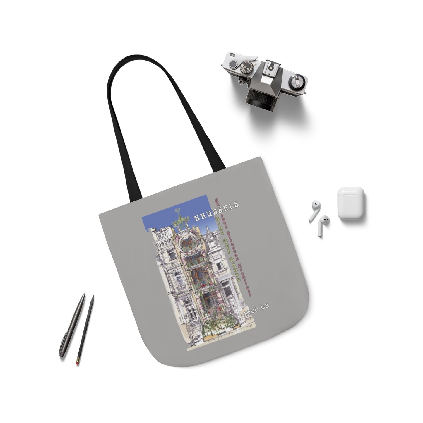 Brussel's Art-Nouveau-inspired light grey Tote Bag with 5-Color Straps
