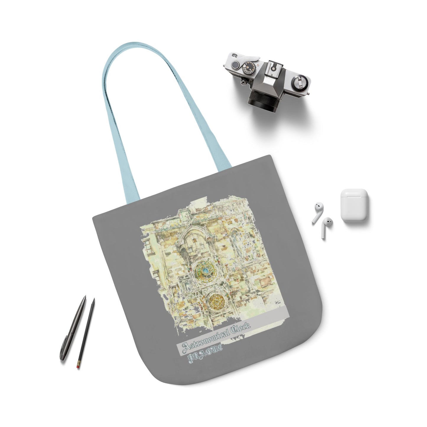 Prague-inspired grey Tote Bag with 4-Color Straps