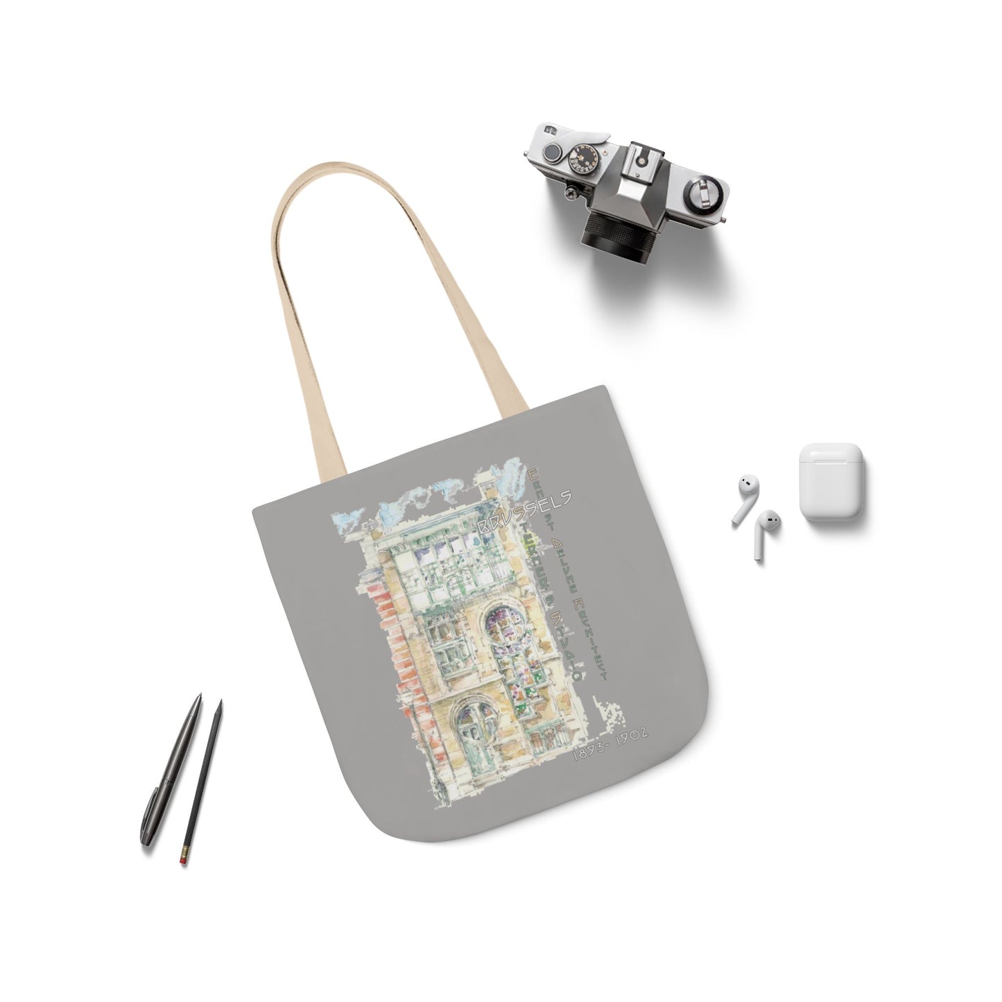 Art-Nouveau-inspired light grey Tote Bag with 5-Color Straps