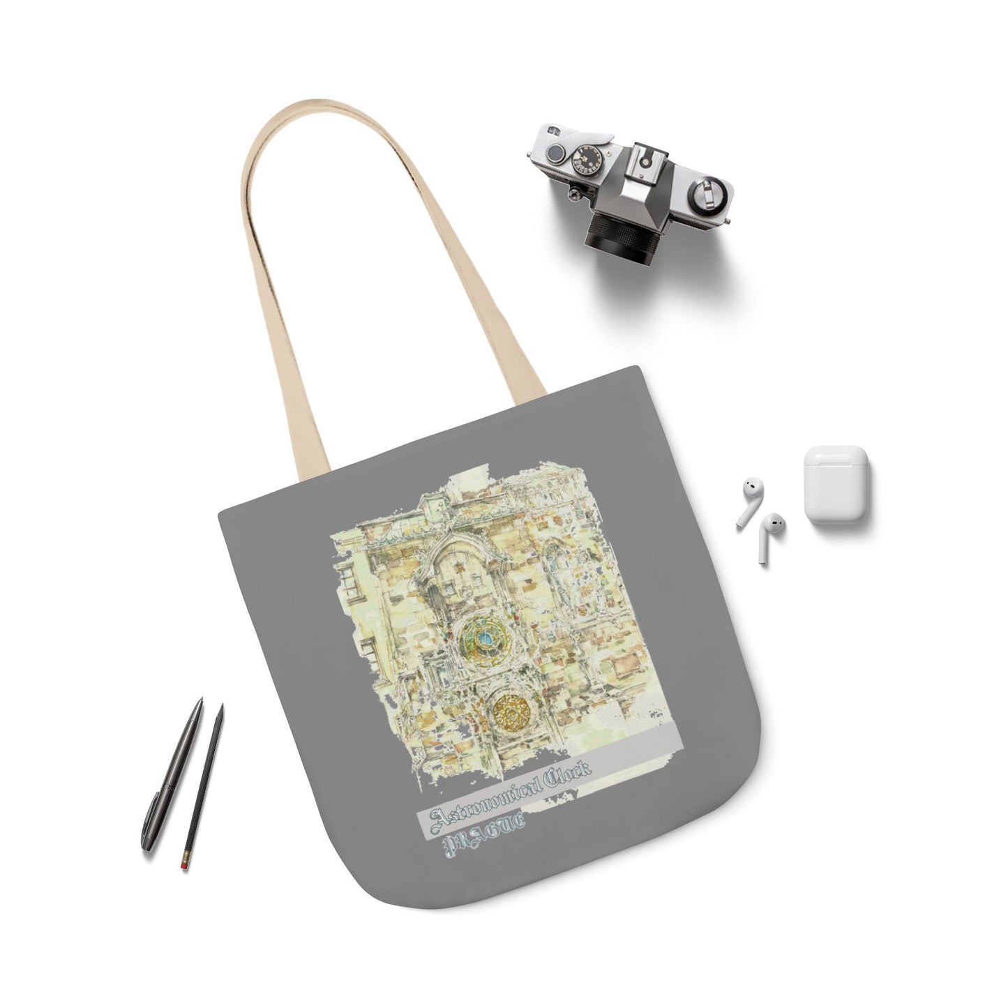 Prague-inspired grey Tote Bag with 4-Color Straps