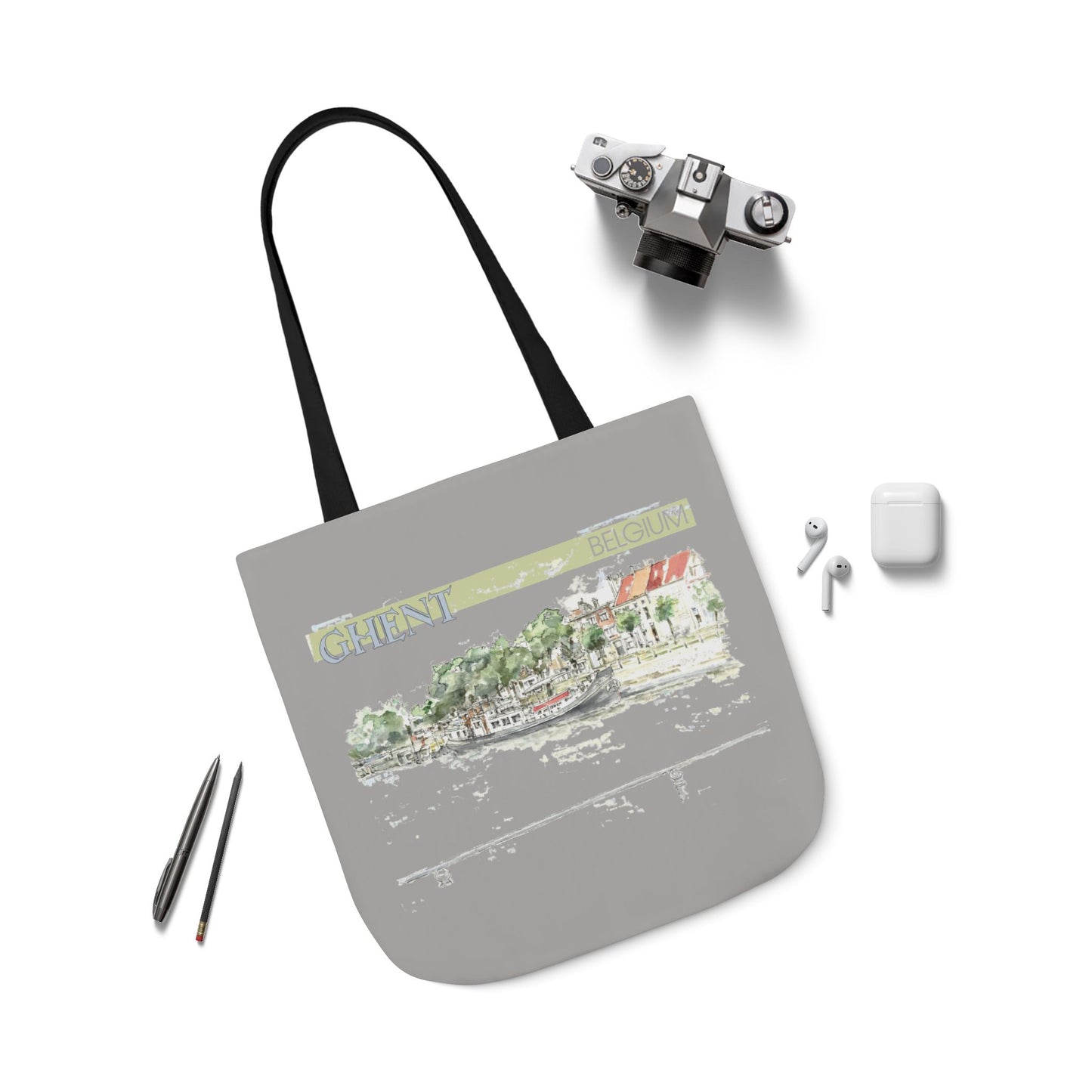 Ghent-inspired light grey Tote Bag with 4-Color Straps