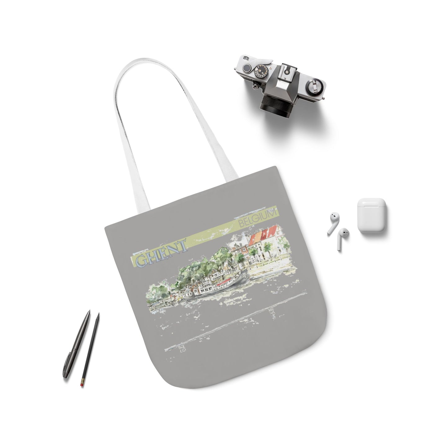 Ghent-inspired light grey Tote Bag with 4-Color Straps