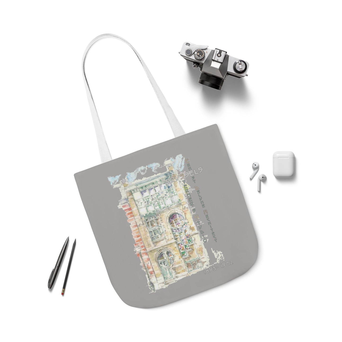 Art-Nouveau-inspired light grey Tote Bag with 5-Color Straps